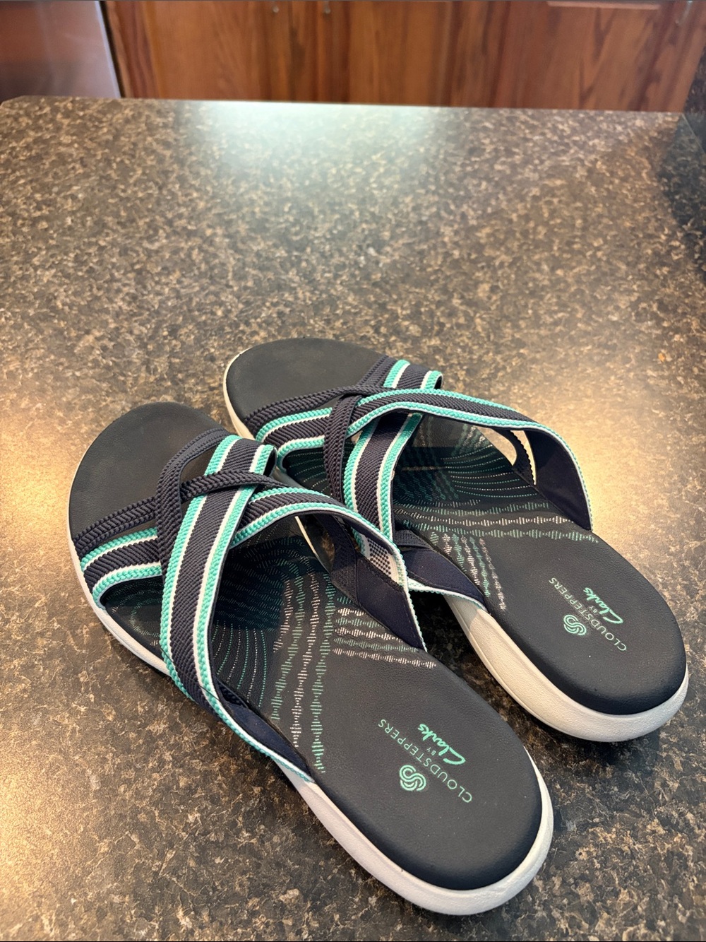Clarks Cloud Stepper Navy and Teal Crisscross Slide Sandals - Picture 3 of 4